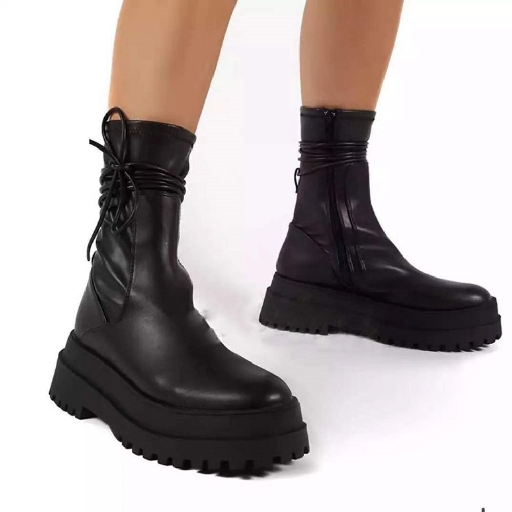 Botas Femininas Com Zíper Lateral Simples Bico Redondo