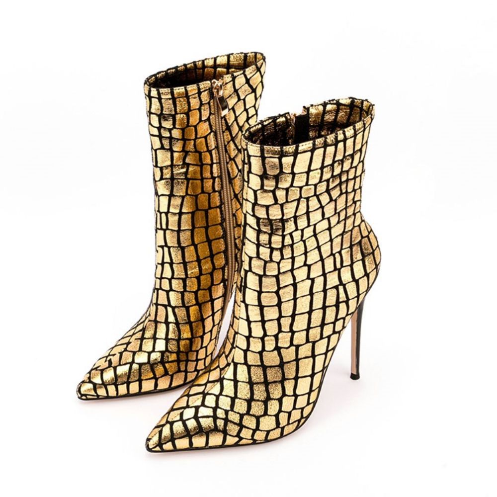 Botas Femininas Serpentina Com Zíper Lateral Salto Agulha Bico Fino