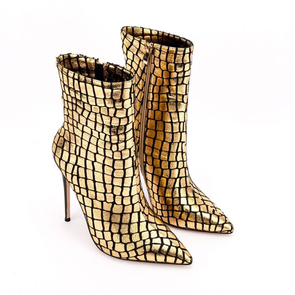 Botas Femininas Serpentina Com Zíper Lateral Salto Agulha Bico Fino