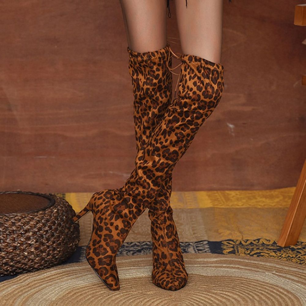 Botas De Fio De Leopardo Com Bico Fino E Bico Fino