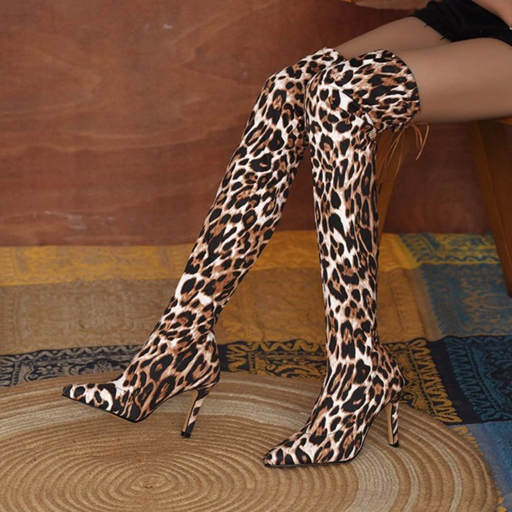 Botas De Fio De Leopardo Com Bico Fino E Bico Fino