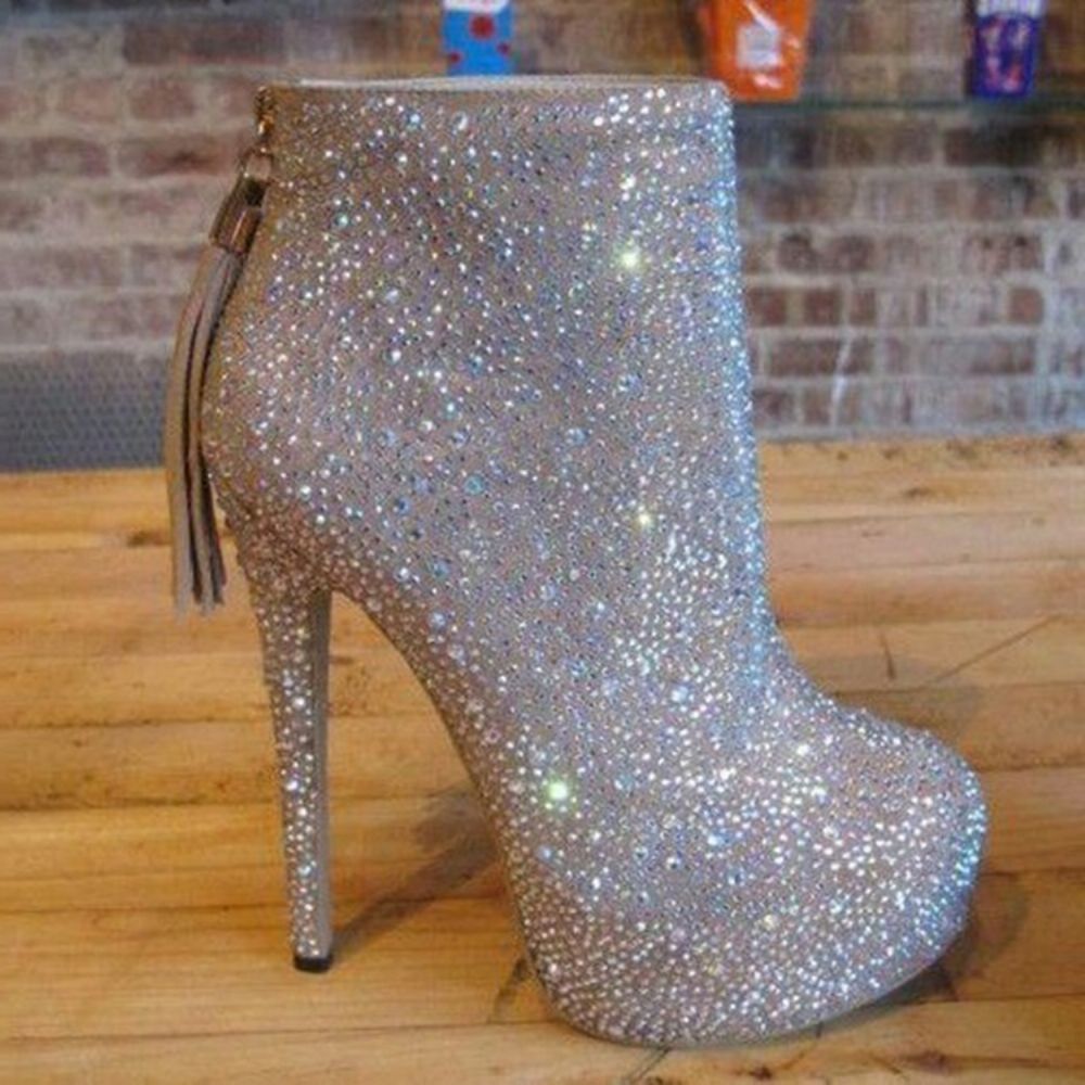 Botas De Salto Alto Com Plataforma De Strass E Bico Redondo