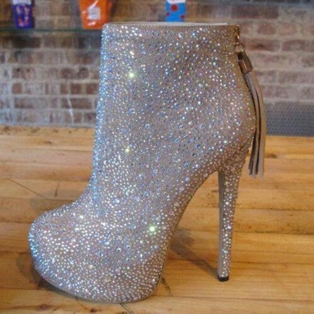 Botas De Salto Alto Com Plataforma De Strass E Bico Redondo