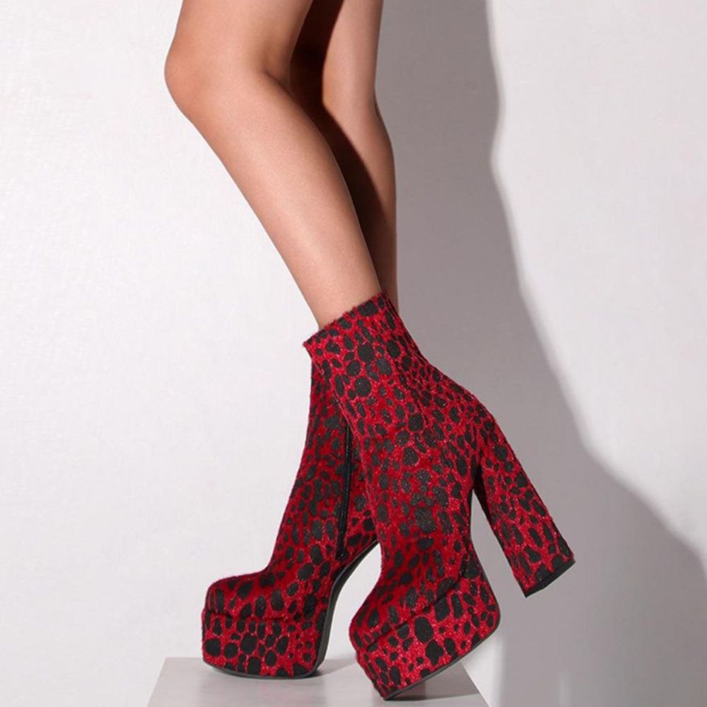 Botas Sensuais De Leopardo Com Bico Redondo E Salto Grosso