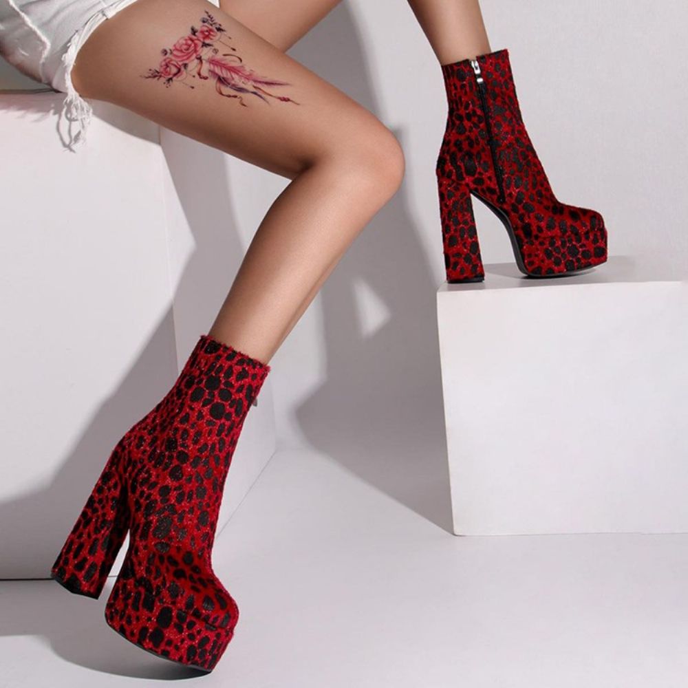 Botas Sensuais De Leopardo Com Bico Redondo E Salto Grosso