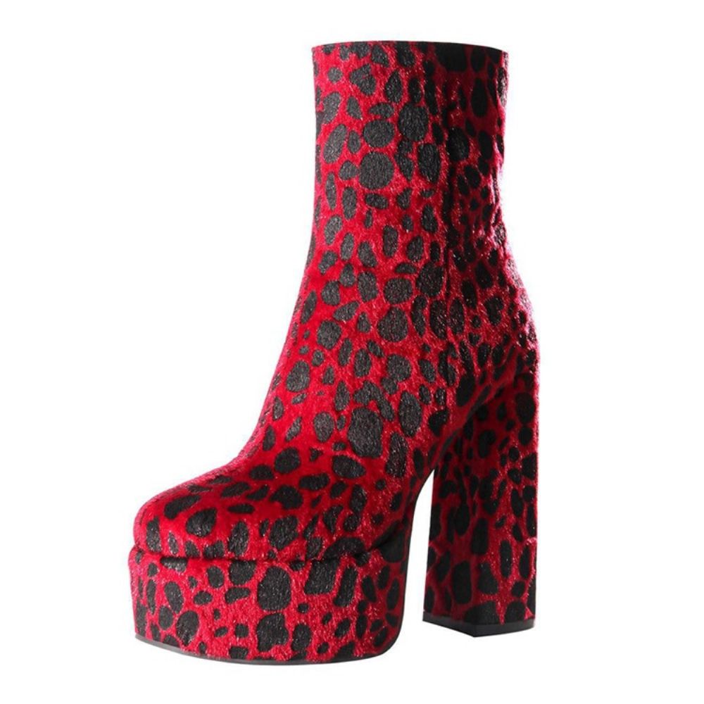 Botas Sensuais De Leopardo Com Bico Redondo E Salto Grosso