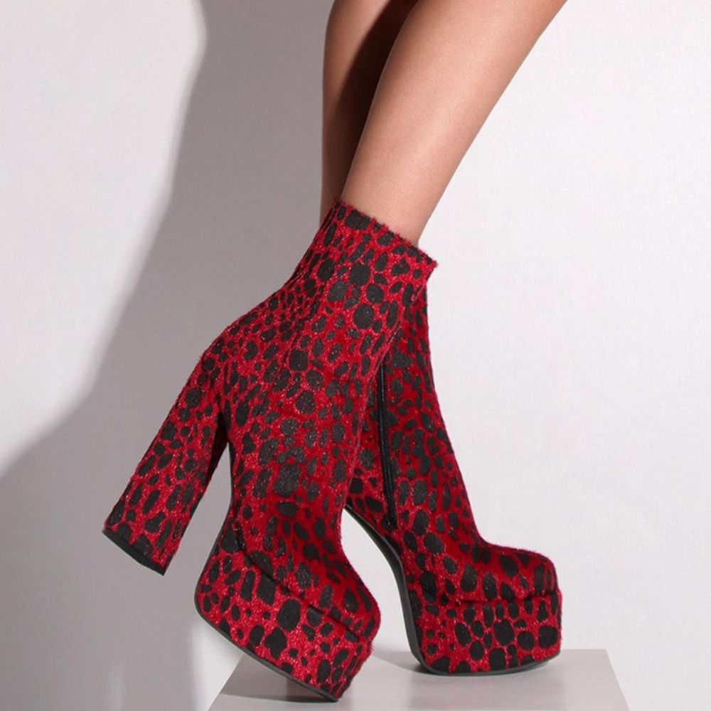 Botas Sensuais De Leopardo Com Bico Redondo E Salto Grosso