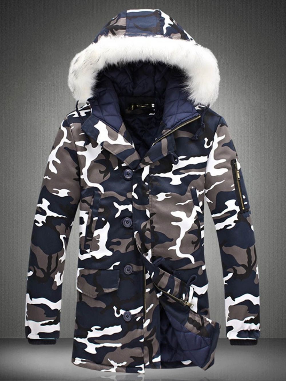 Casaco De Inverno Masculino Com Zíper De Camuflagem Espesso Quente