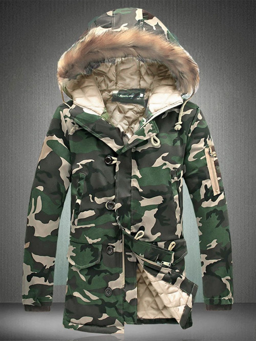 Casaco De Inverno Masculino Com Zíper De Camuflagem Espesso Quente