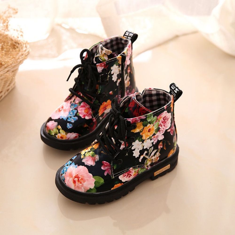 Botas De Bebê Florais De Bico Redondo Com Zíper Lateral