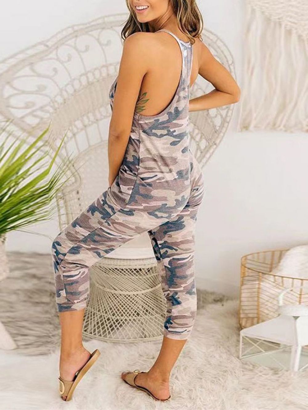 Calça Lápis Sem Costas Camuflagem No Meio Da Panturrilha Macacão Feminino Fino