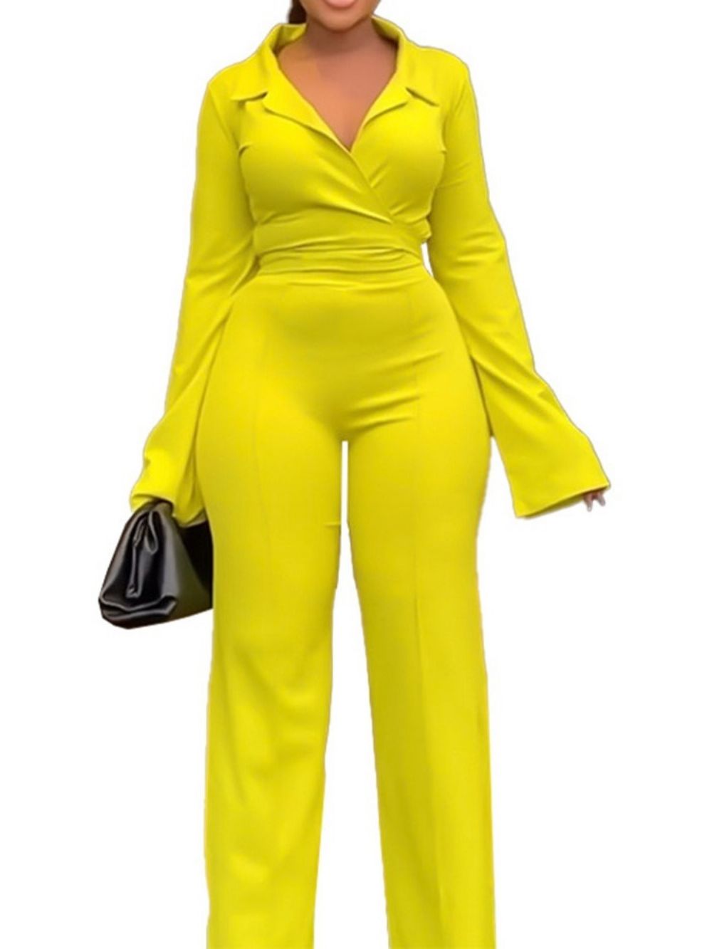 Macacão Amarelo Fashion De Cintura Alta De Corpo Inteiro