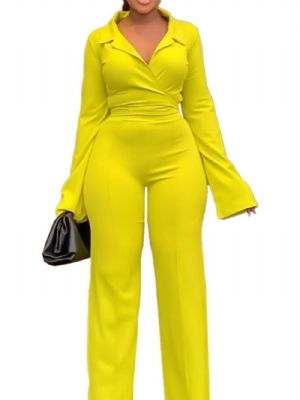 Macacão Amarelo Fashion De Cintura Alta De Corpo Inteiro