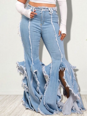 Calça Jeans Azul Clara Com Zíper Feminina Bolso