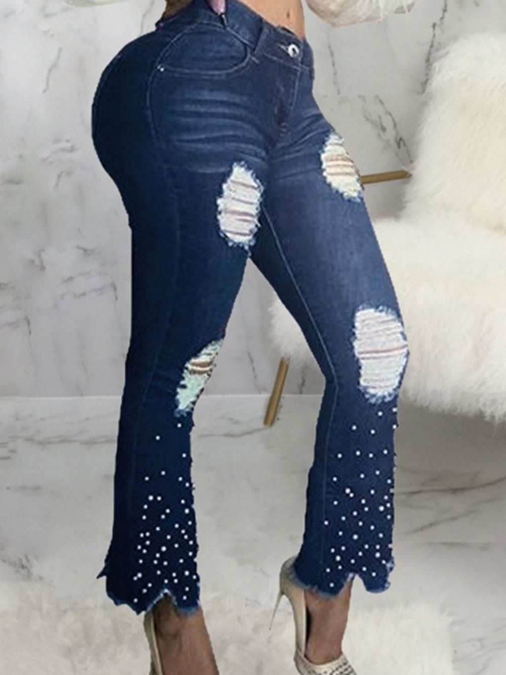 Calça Jeans Cintura Média Bead Bellbottoms Com Zíper Gradiente