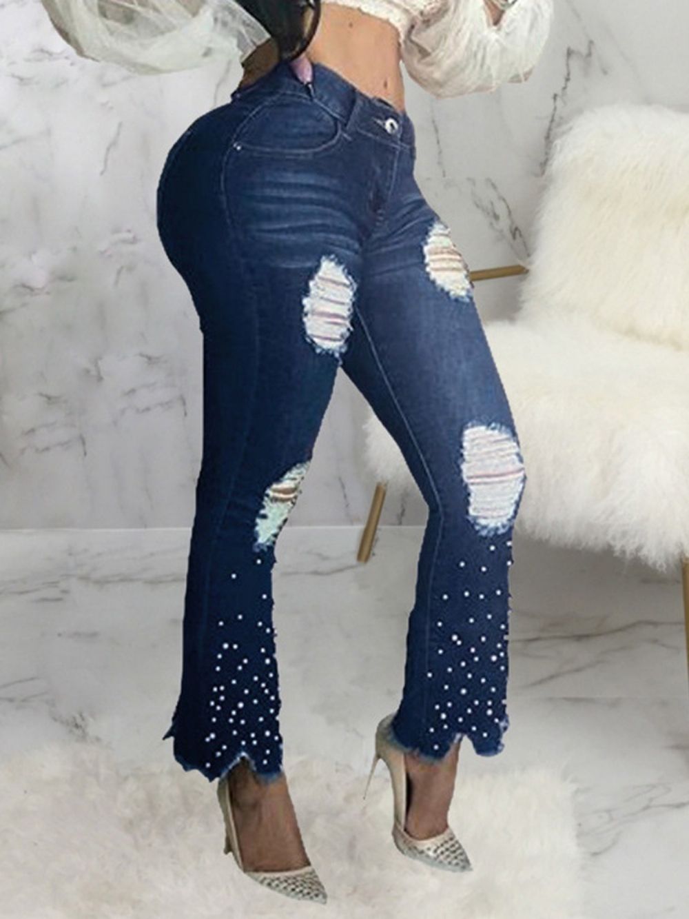 Calça Jeans Cintura Média Bead Bellbottoms Com Zíper Gradiente