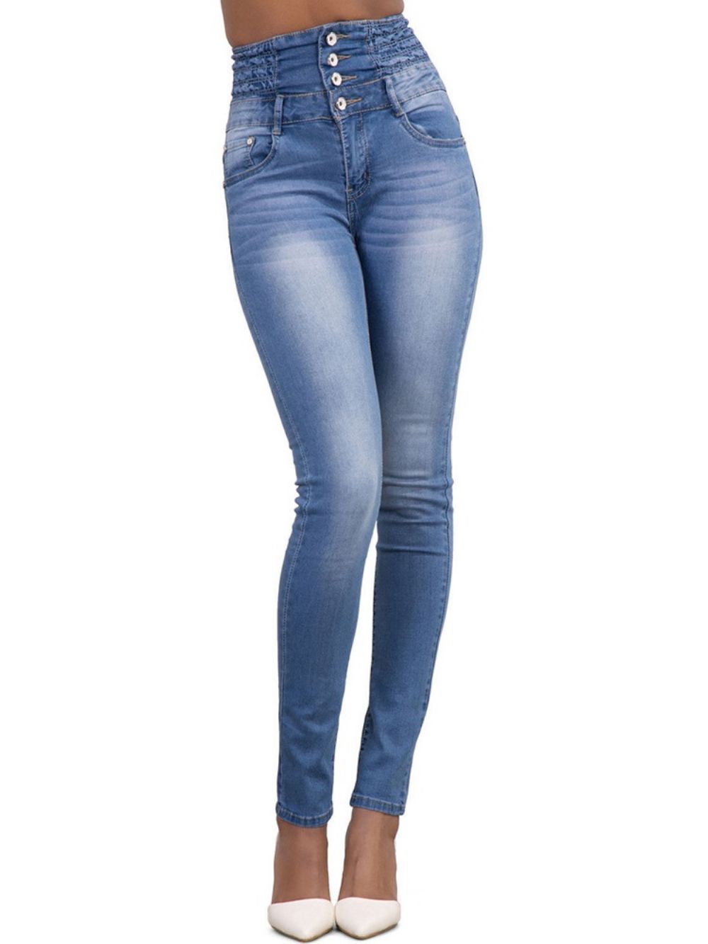 Calça Jeans Feminina Skinny Simples Bolso Cintura Alta Com Botão