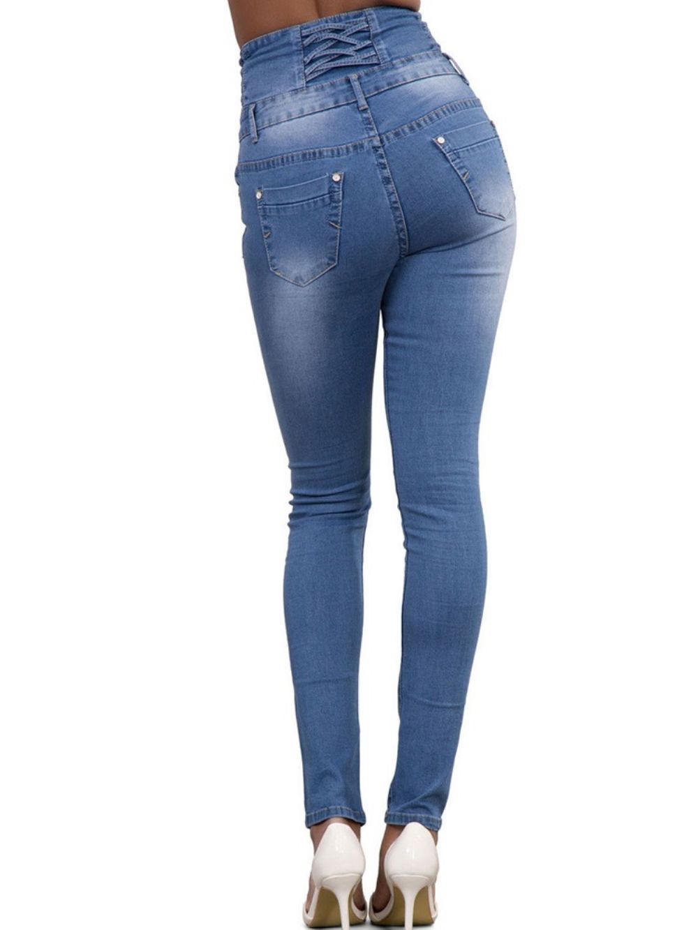 Calça Jeans Feminina Skinny Simples Bolso Cintura Alta Com Botão