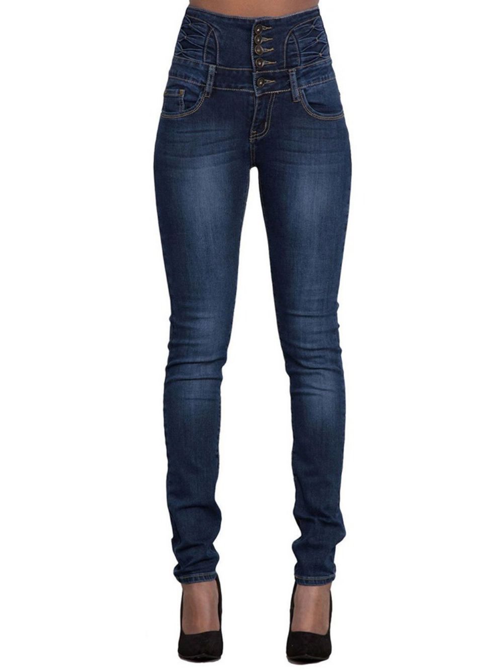 Calça Jeans Feminina Skinny Simples Bolso Cintura Alta Com Botão