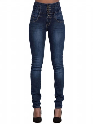 Calça Jeans Feminina Skinny Simples Bolso Cintura Alta Com Botão