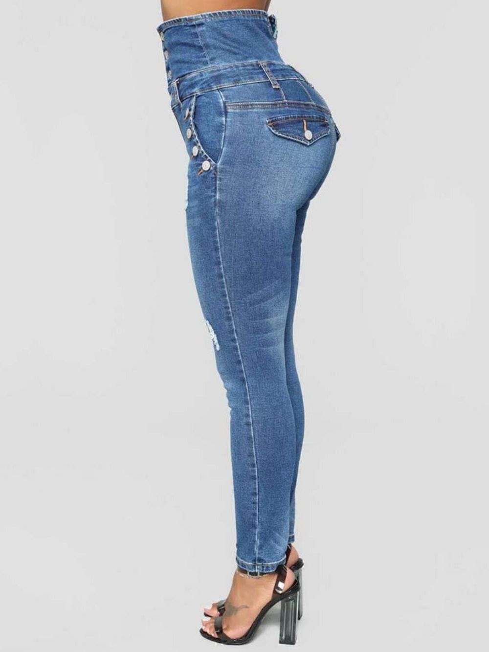 Calça Jeans Feminina Slim Cintura Alta Com Botão