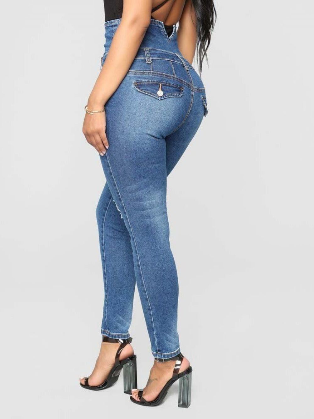 Calça Jeans Feminina Slim Cintura Alta Com Botão