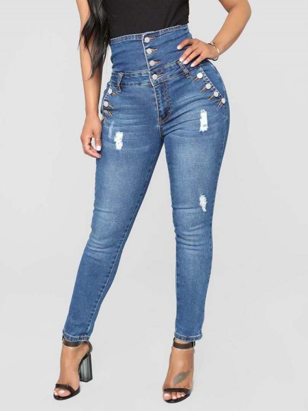 Calça Jeans Feminina Slim Cintura Alta Com Botão