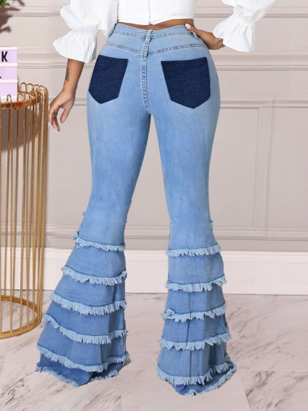 Calça Jeans Feminina Slim Patchwork Bellbottoms Com Zíper