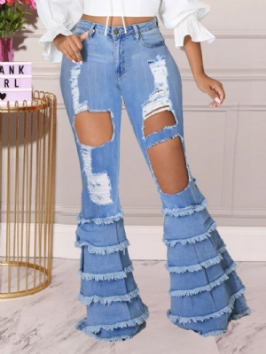 Calça Jeans Feminina Slim Patchwork Bellbottoms Com Zíper