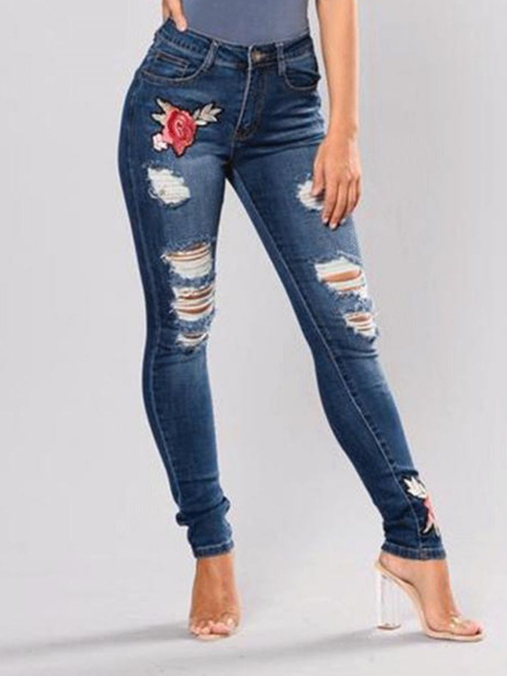 Calça Jeans Slim Cintura Média Rasgada Com Bordado Floral