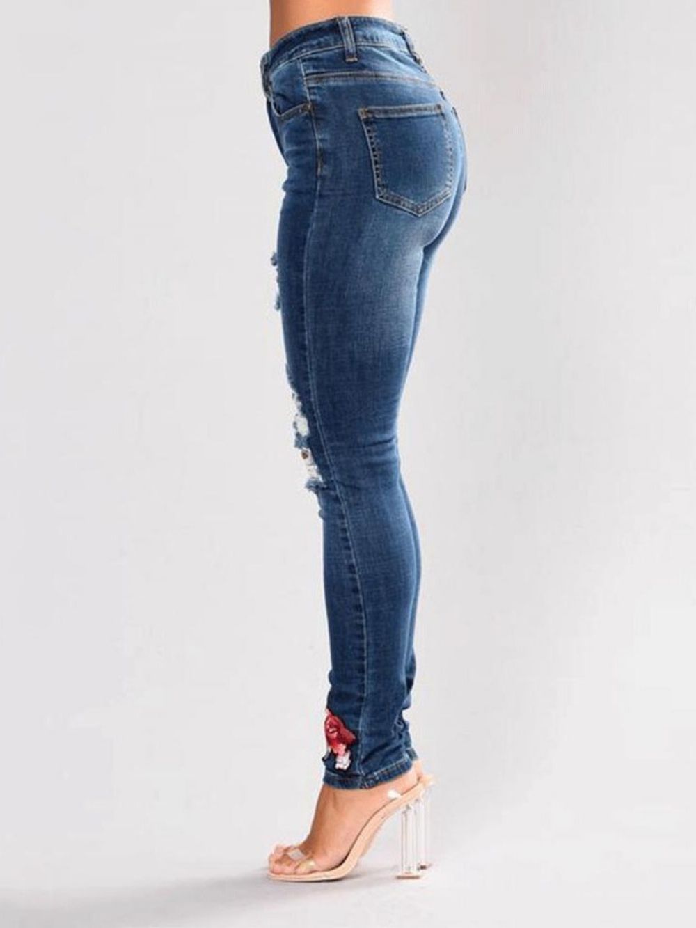 Calça Jeans Slim Cintura Média Rasgada Com Bordado Floral