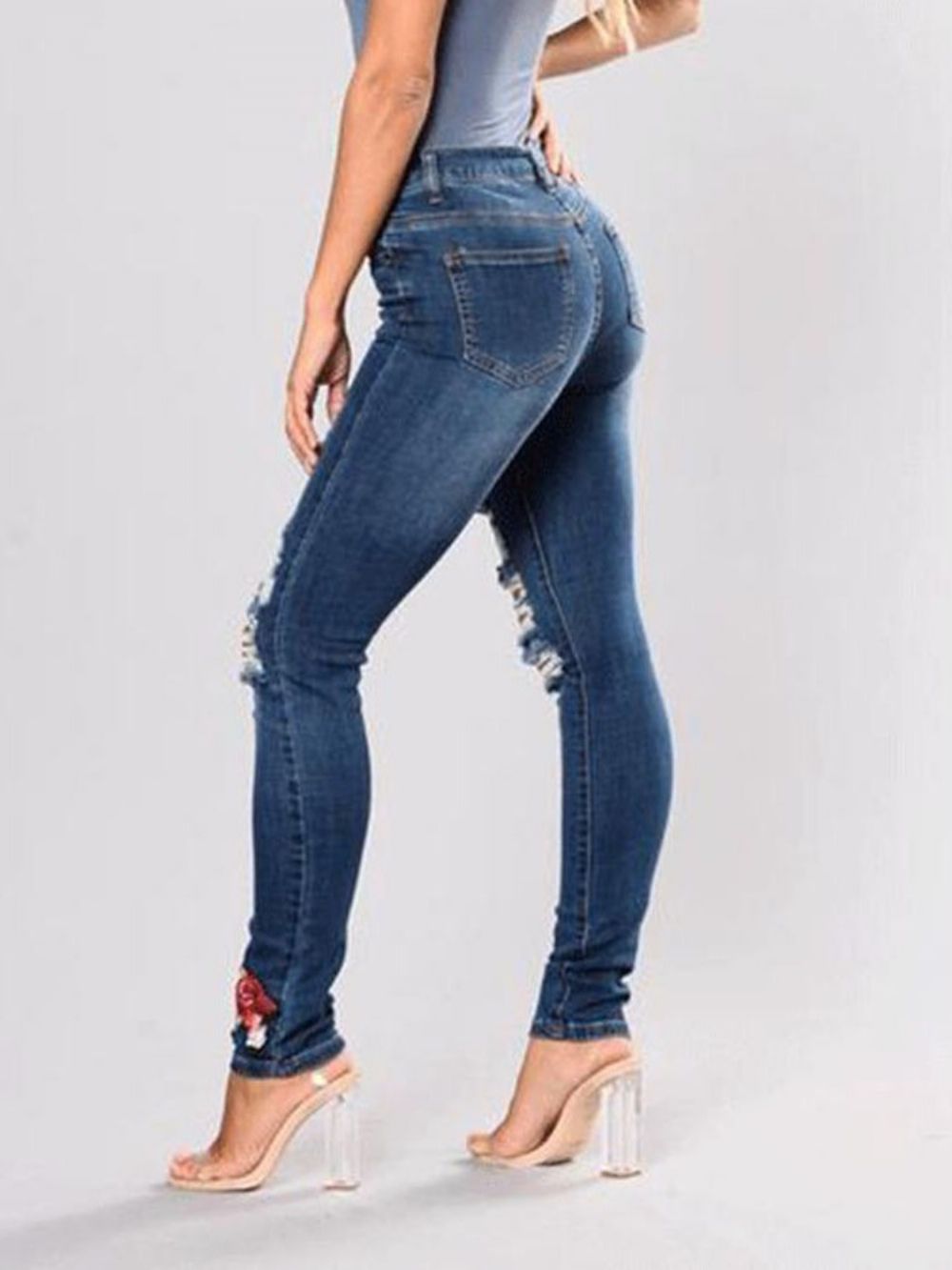 Calça Jeans Slim Cintura Média Rasgada Com Bordado Floral