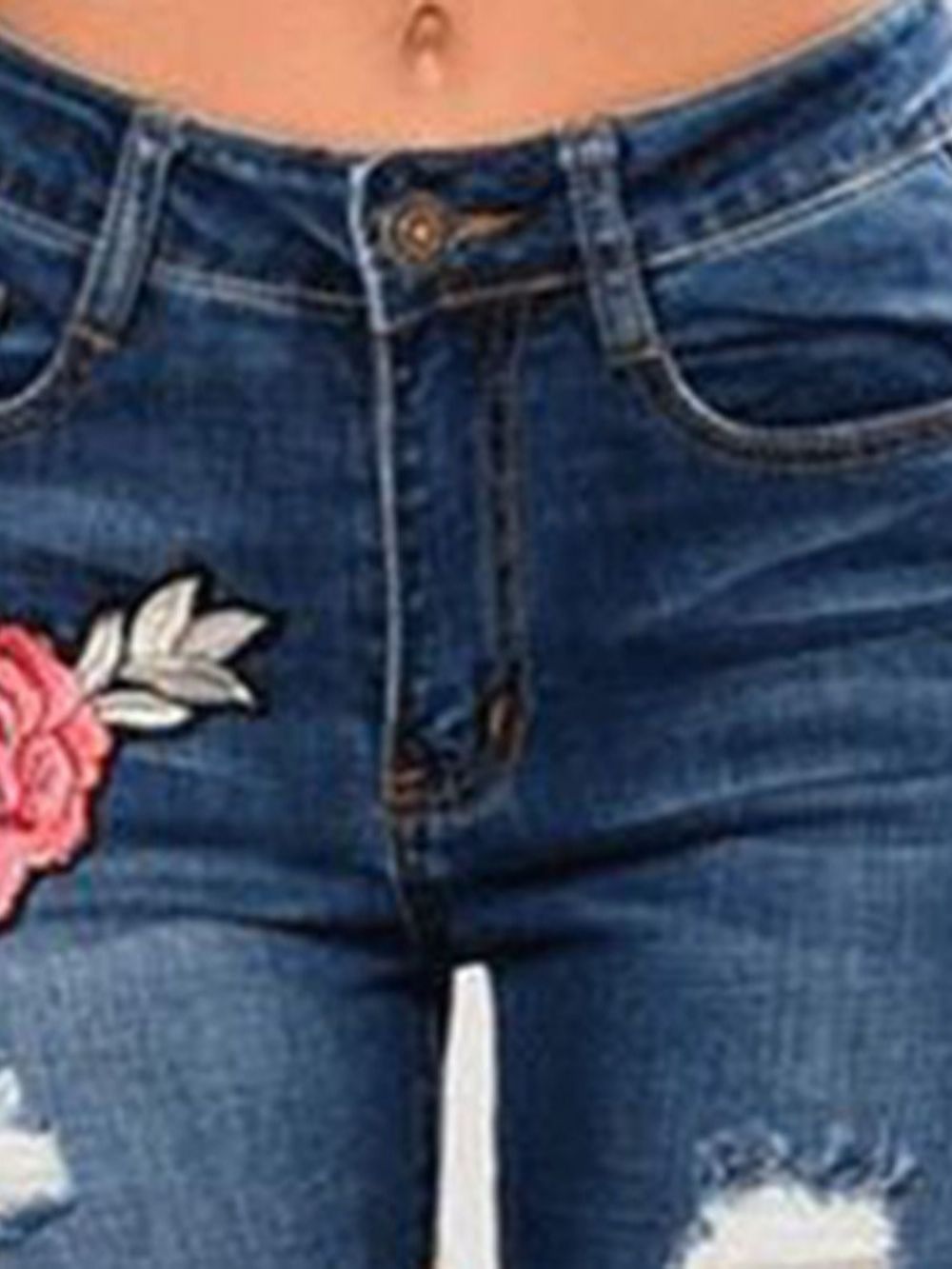 Calça Jeans Slim Cintura Média Rasgada Com Bordado Floral