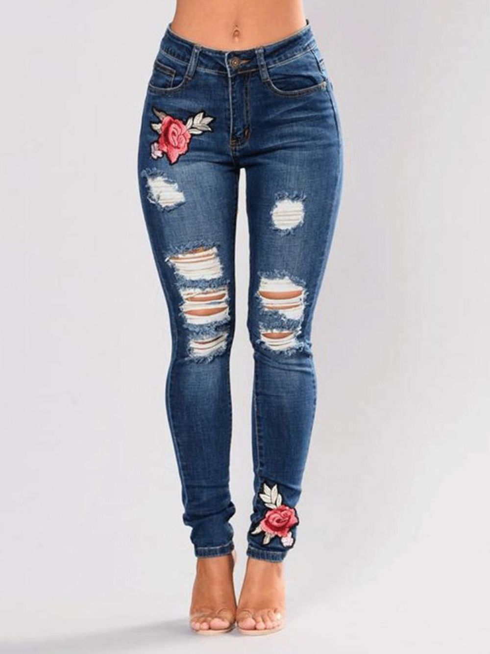 Calça Jeans Slim Cintura Média Rasgada Com Bordado Floral