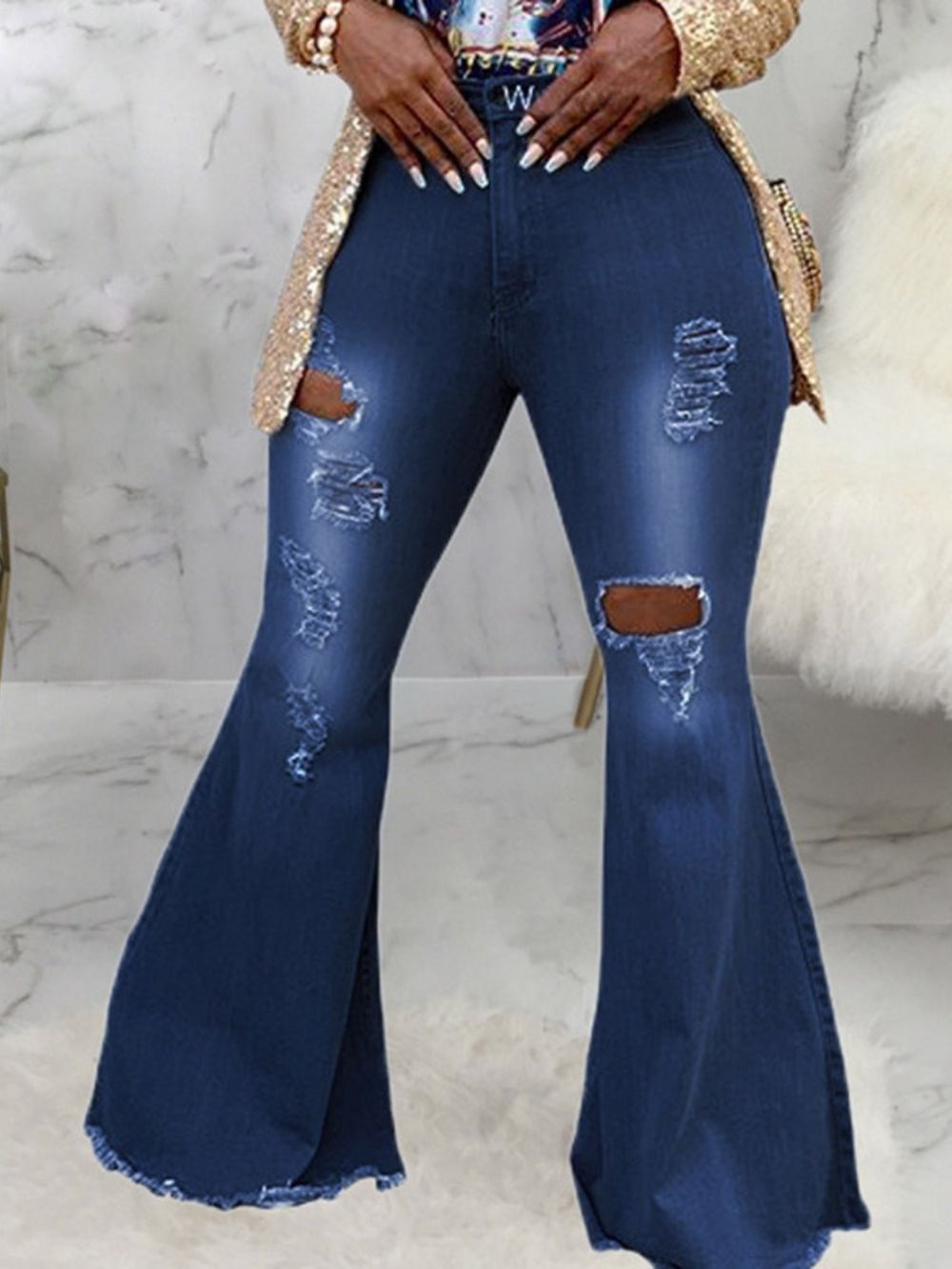 Calça Jeans Slim Com Zíper E Degradê Com Furo Bellbottoms