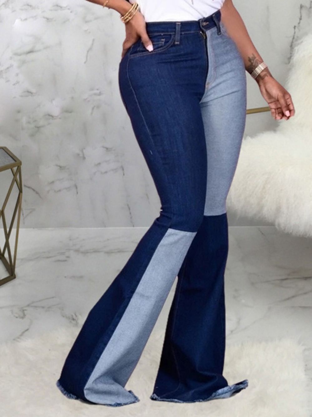 Calça Jeans Slim Com Zíper Plus Size Bloco Colorido De Bolso