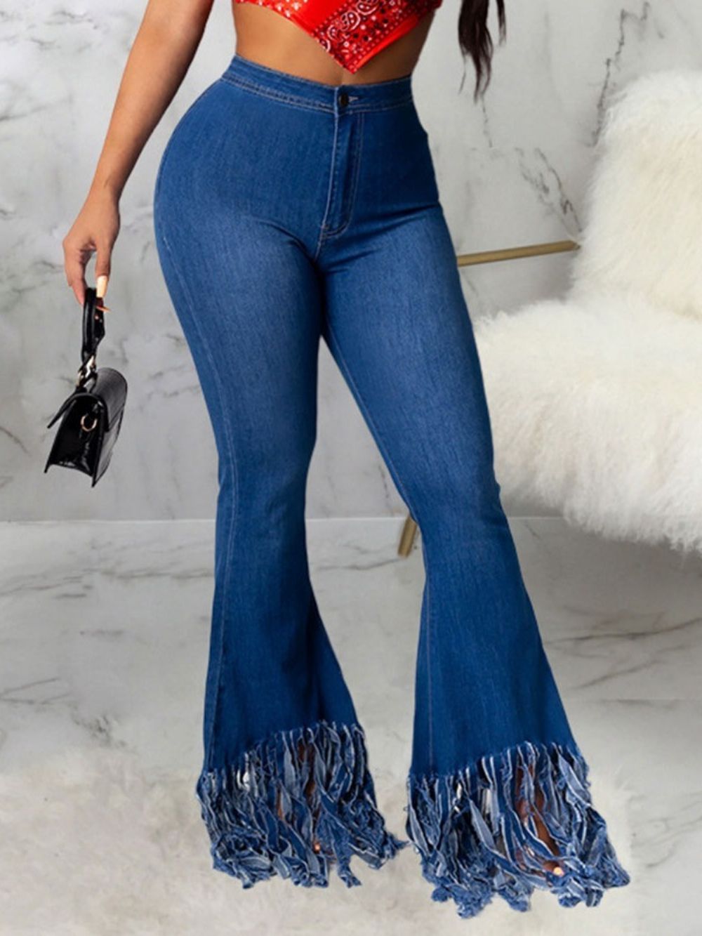 Calça Jeans Slim Com Zíper Simples Com Borla Bellbottoms