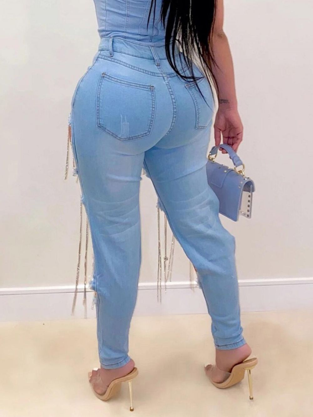 Calça Lápis Buraco Zíper Jeans Fino