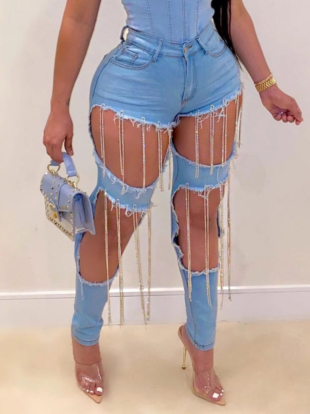 Calça Lápis Buraco Zíper Jeans Fino