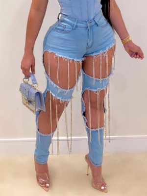 Calça Lápis Buraco Zíper Jeans Fino