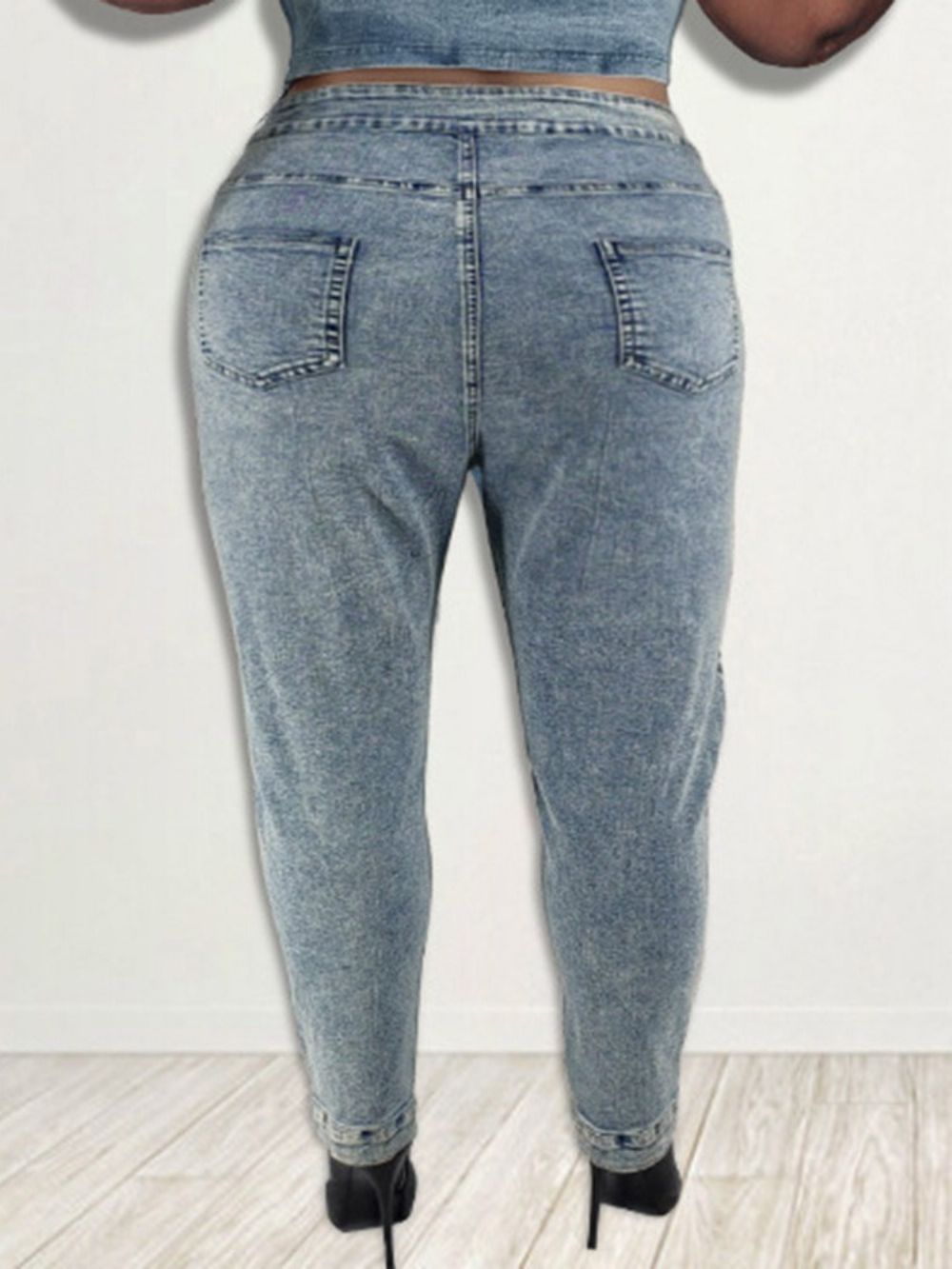 Calça Lápis Com Cadarço Jeans Liso Com Zíper Cintura Média