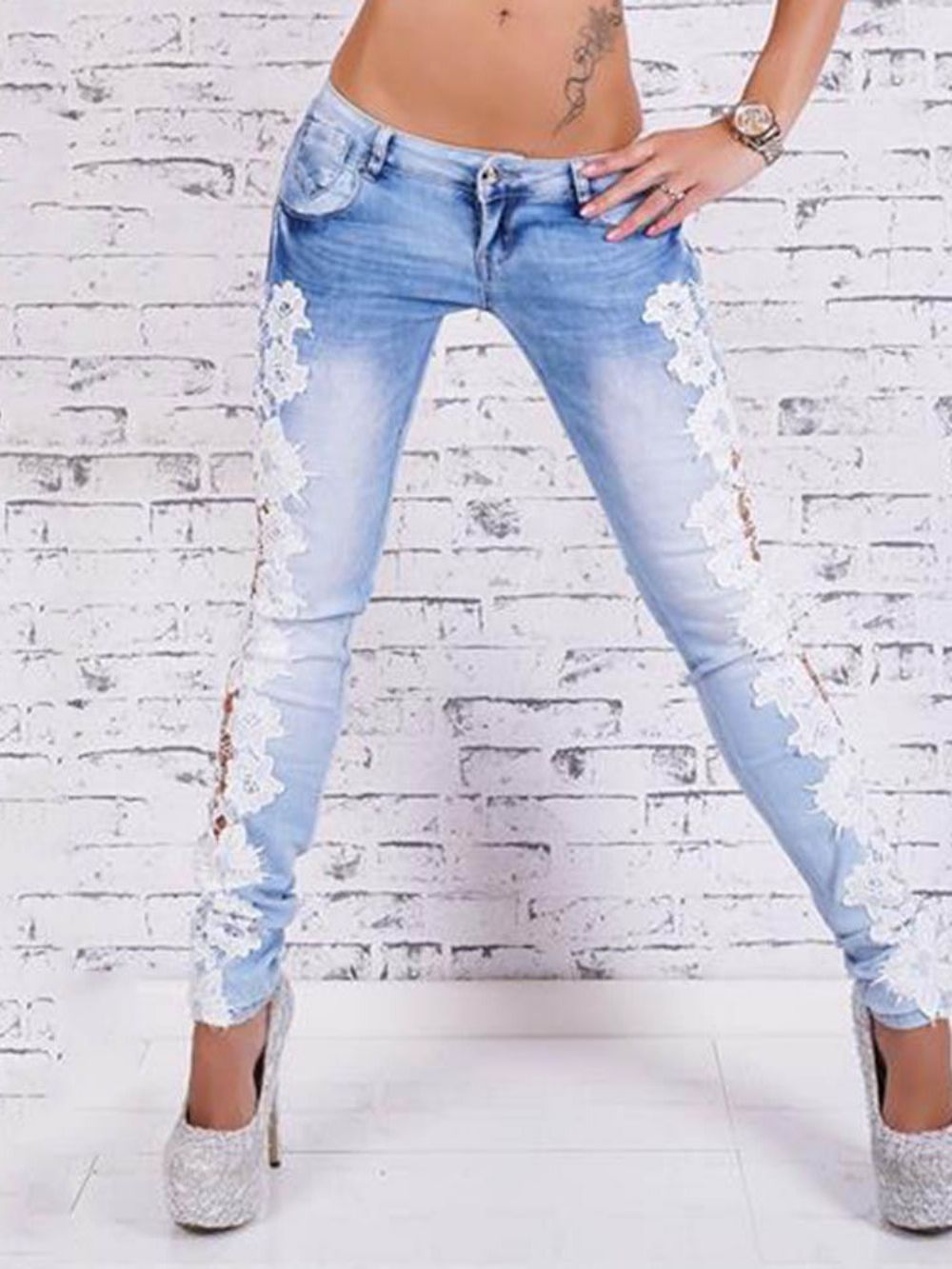 Calça Lápis Jeans Feminina Patchwork Slim Com Zíper