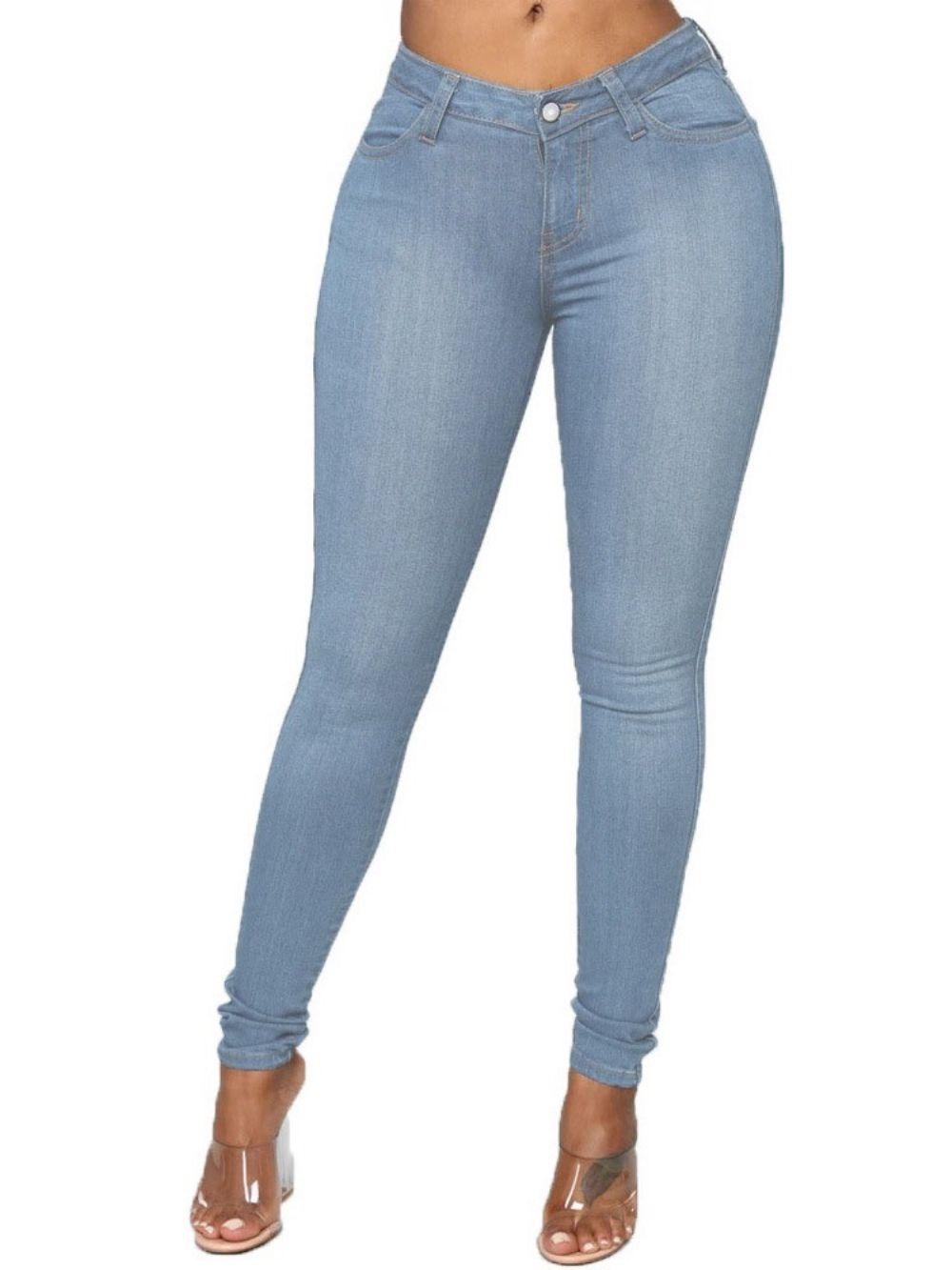 Calça Lápis Jeans Feminina Simples Com Botão E Cintura Média