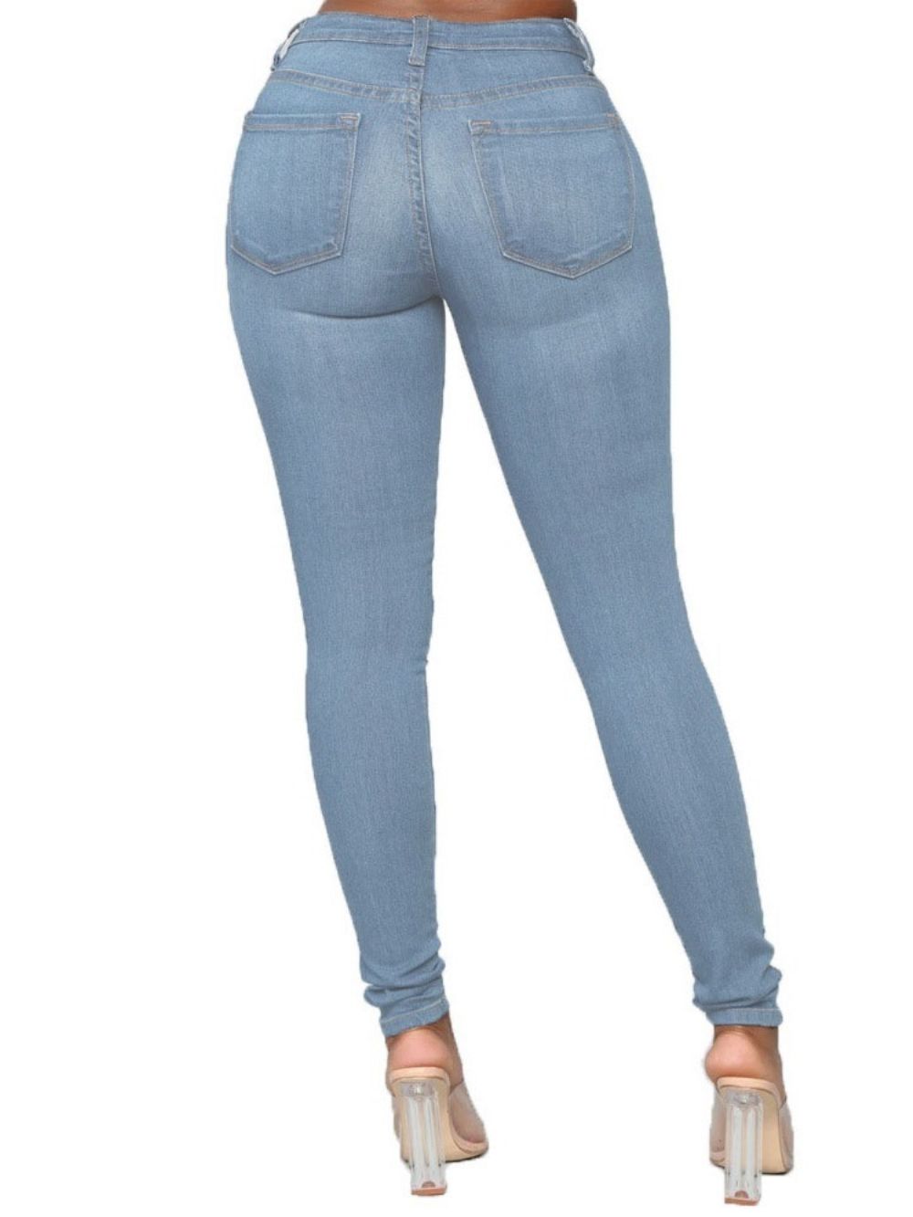 Calça Lápis Jeans Feminina Simples Com Botão E Cintura Média