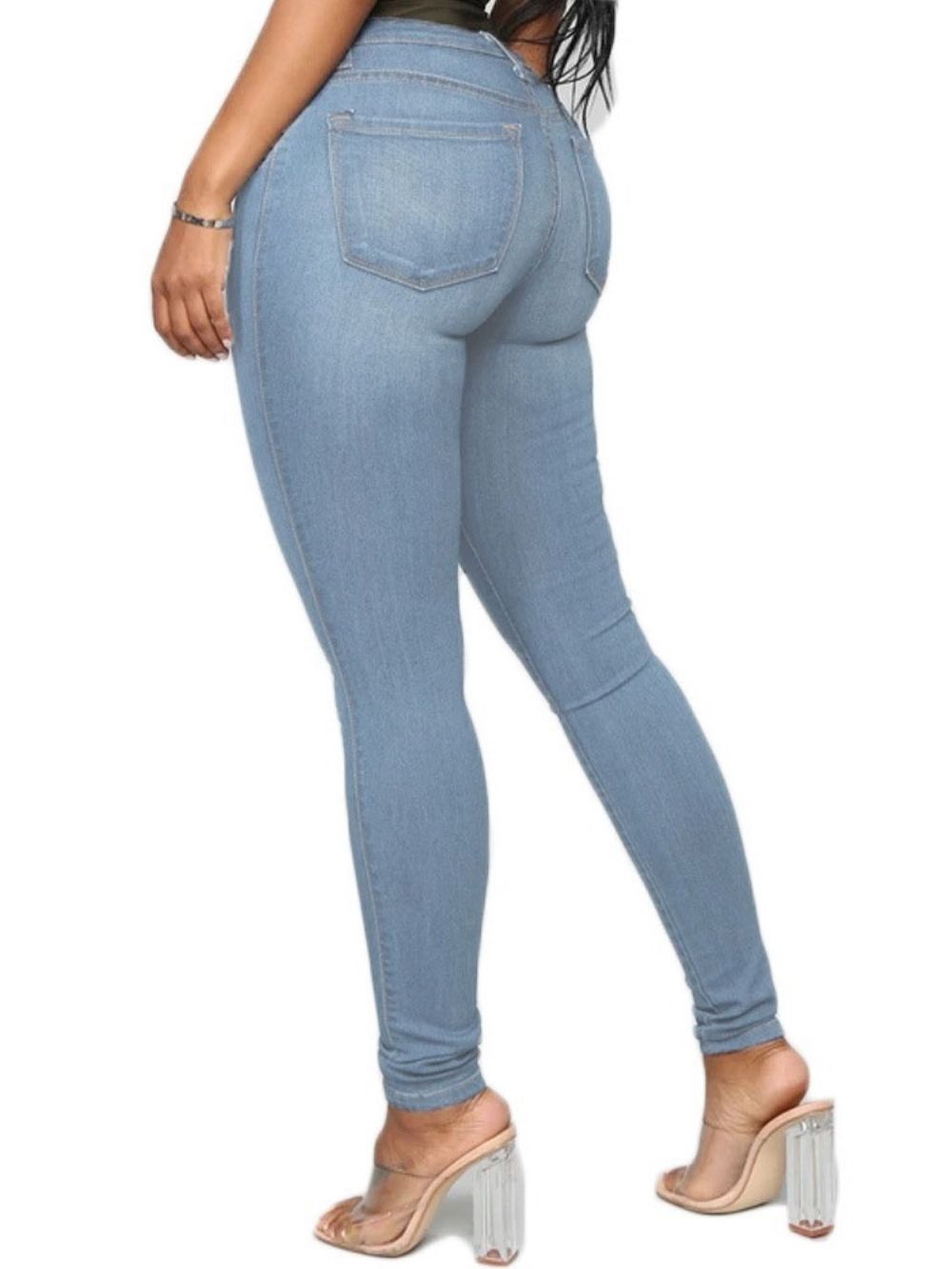 Calça Lápis Jeans Feminina Simples Com Botão E Cintura Média