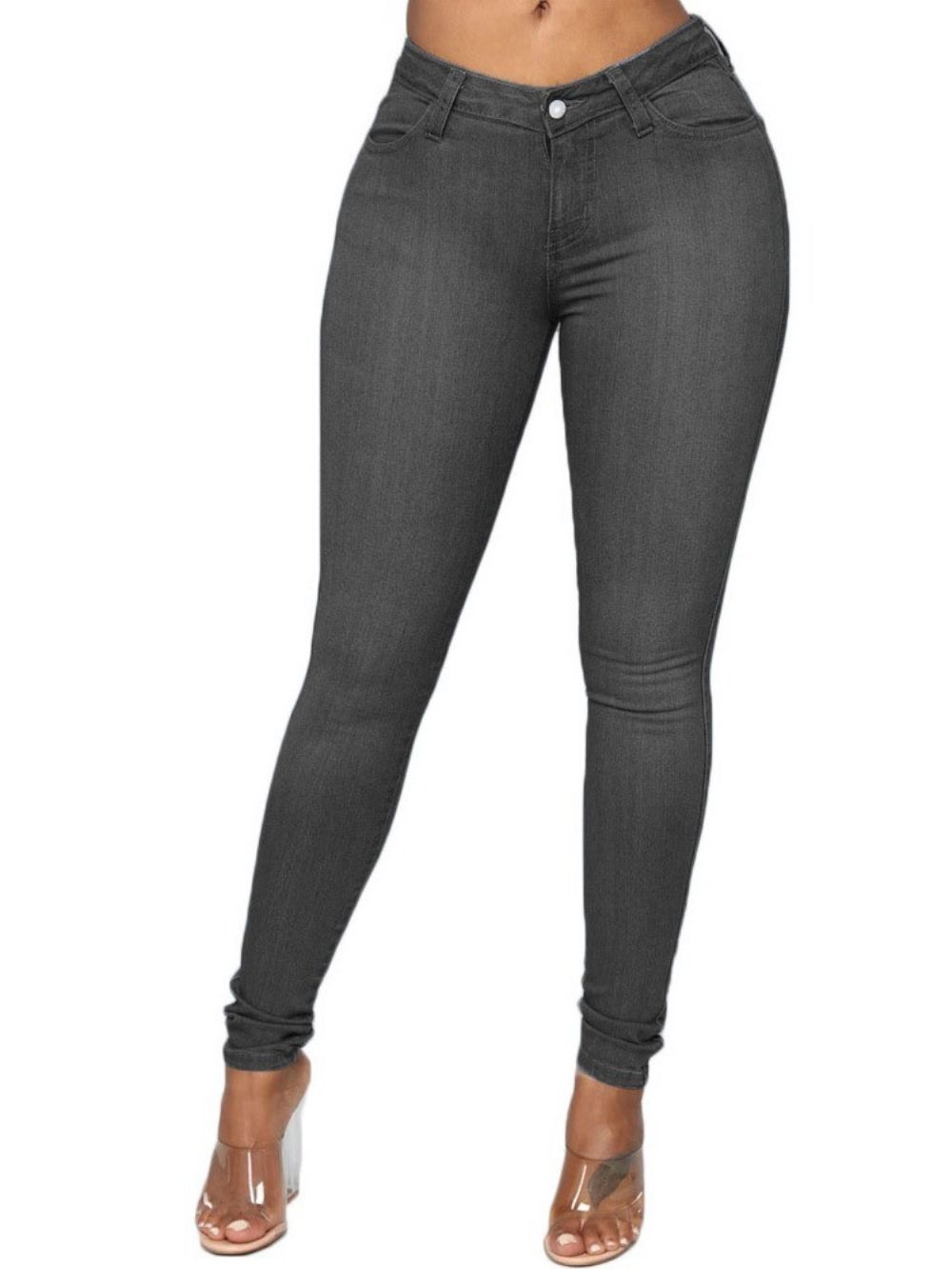 Calça Lápis Jeans Feminina Simples Com Botão E Cintura Média