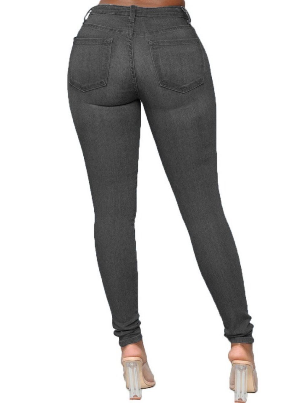 Calça Lápis Jeans Feminina Simples Com Botão E Cintura Média