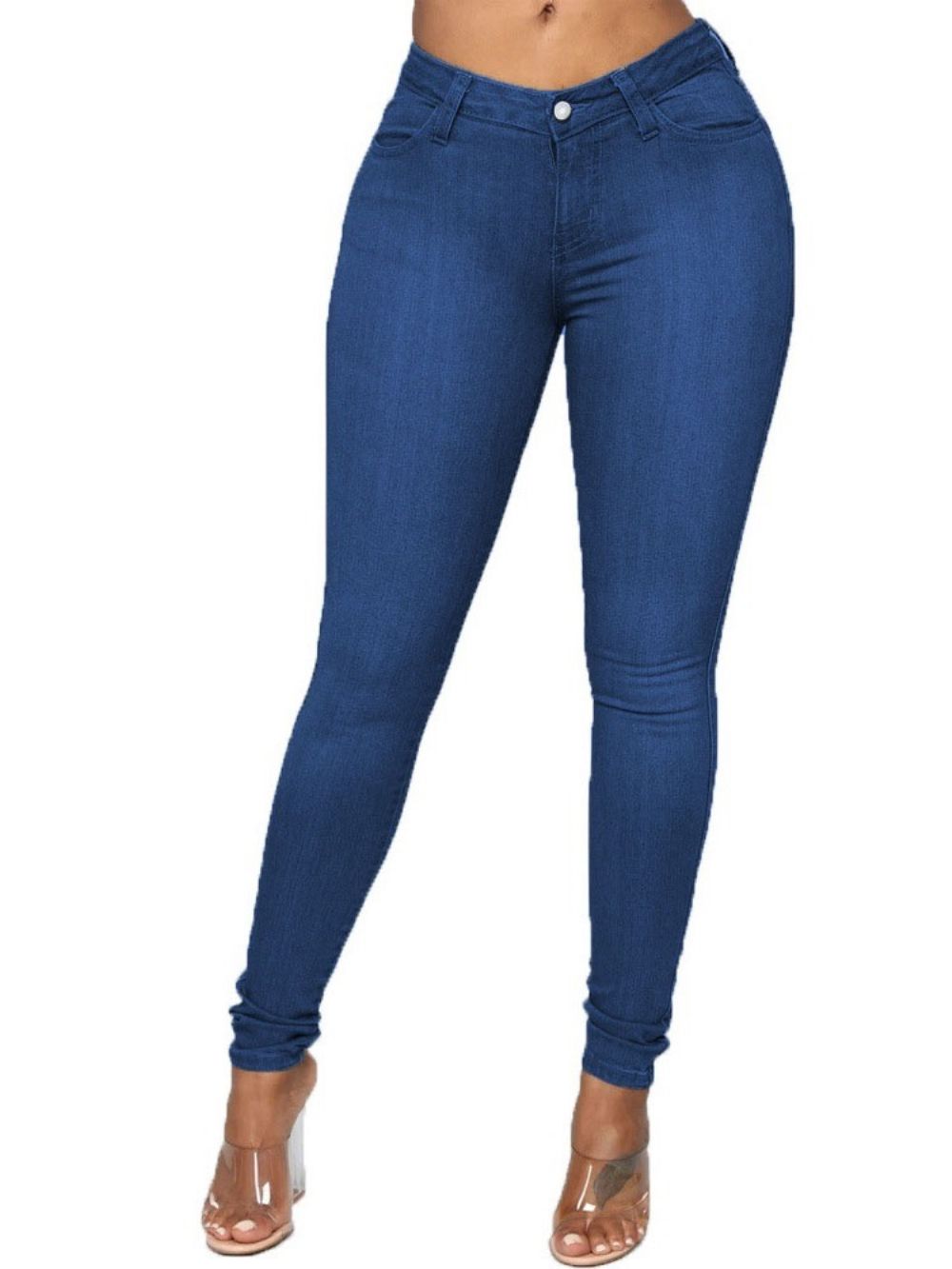 Calça Lápis Jeans Feminina Simples Com Botão E Cintura Média