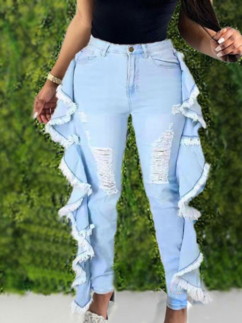 Calça Lápis Calça Jeans Skinny Lisa Falbala Cintura Média