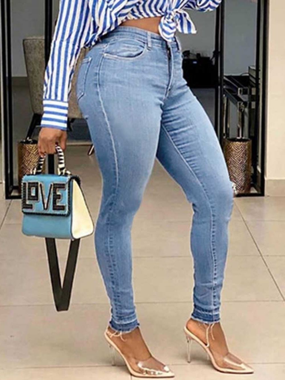 Calça Lápis Lavável Simples Cintura Alta Zíper Feminino Jeans Feminino